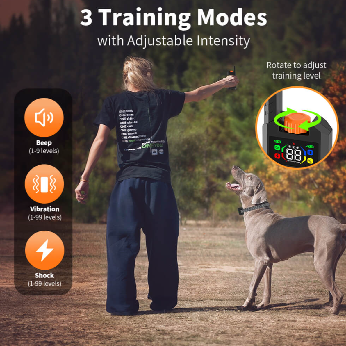 Person training a dog with a device showing '3 Training Modes with Adjustable Intensity' on a natural background.