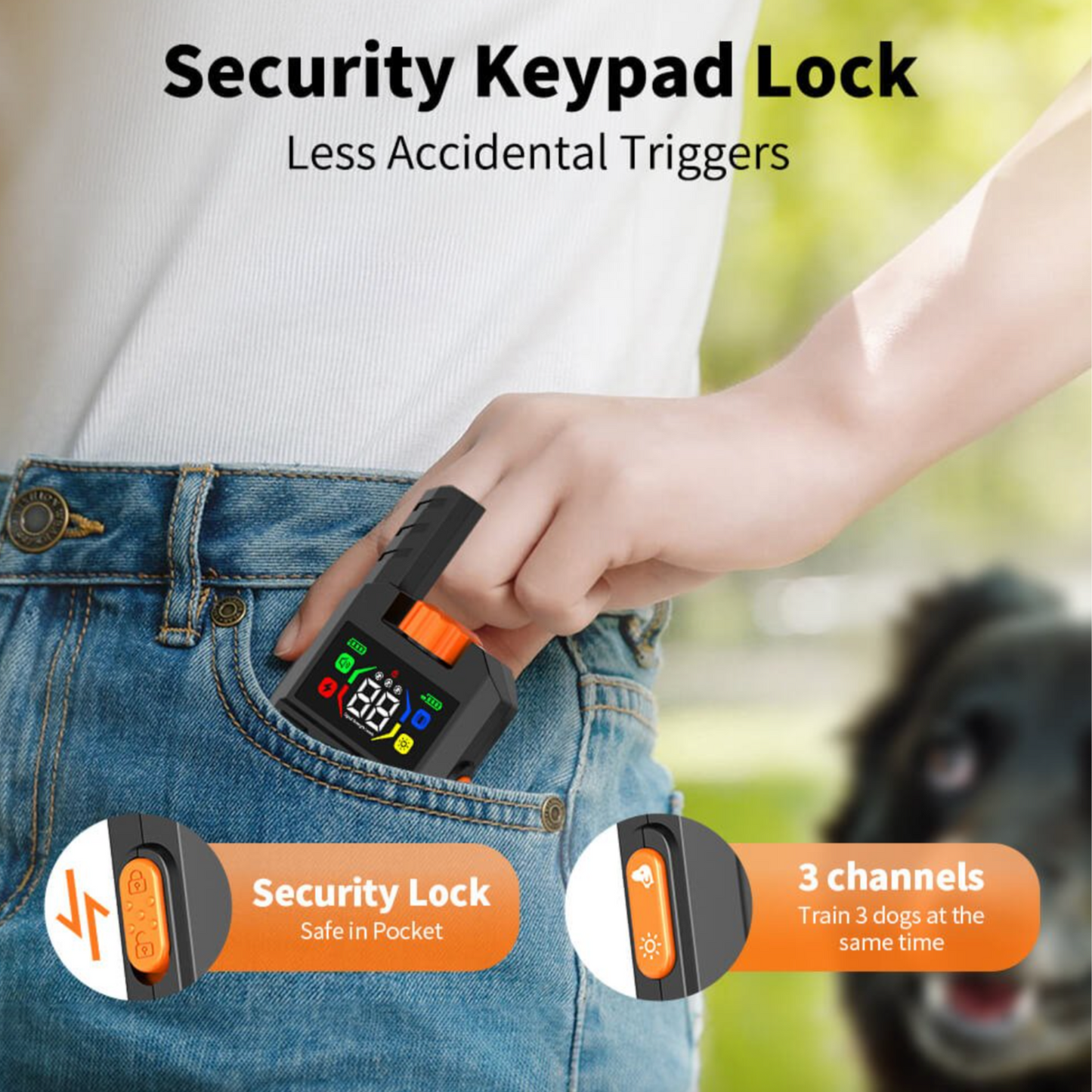 Person holding a security keypad lock with text 'Security Keypad Lock Less Accidental Triggers' and features highlighted.