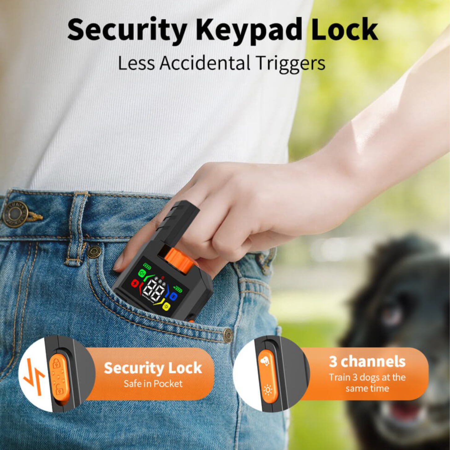 Person holding a security keypad lock with text 'Security Keypad Lock Less Accidental Triggers' and features highlighted.