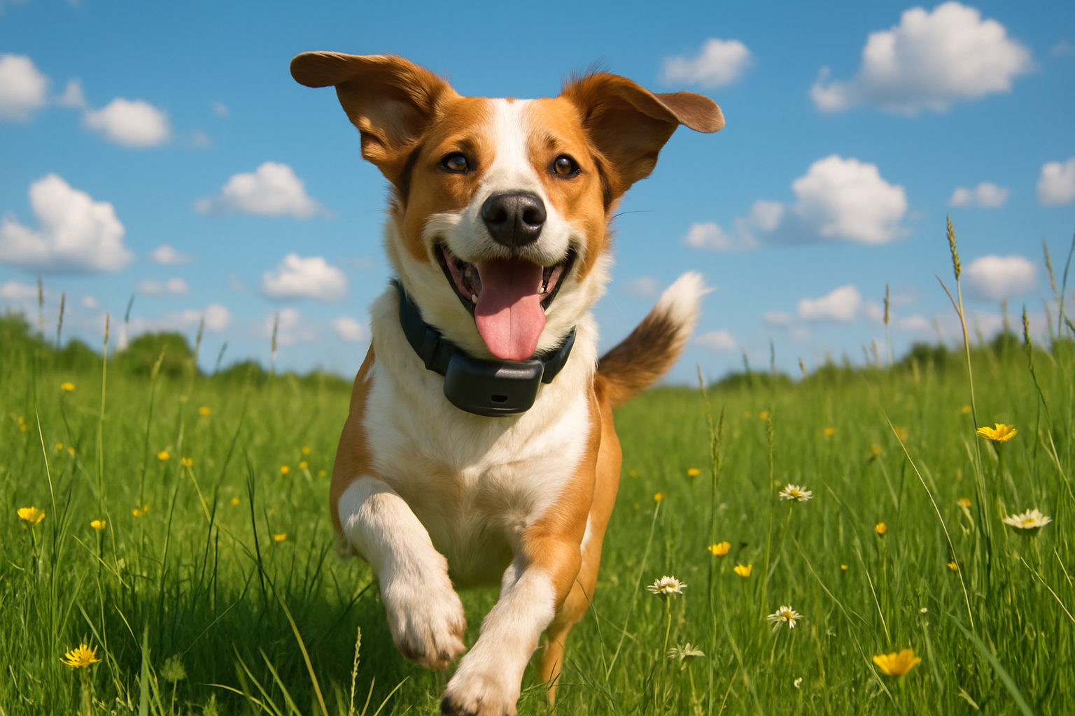 Dog running through feild with electric collar on it